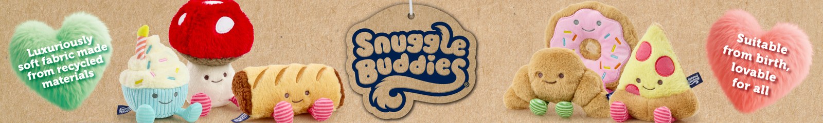 Row of Yummy Buddies food plush toys around the Snuggle Buddies tag